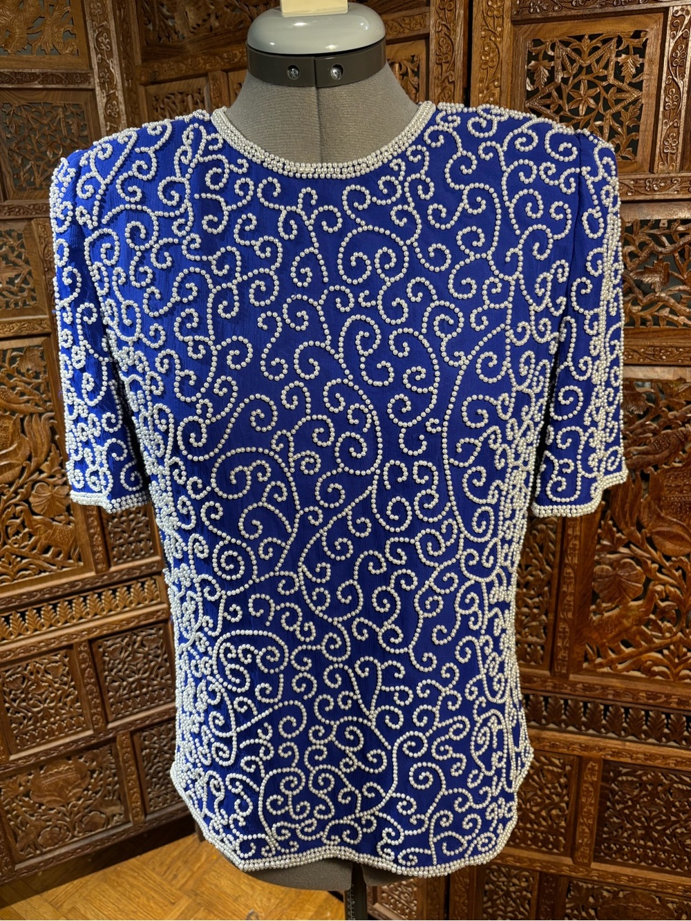 Laurence Kazar Cobalt Blue Beaded V-Neck Silk Blouse
